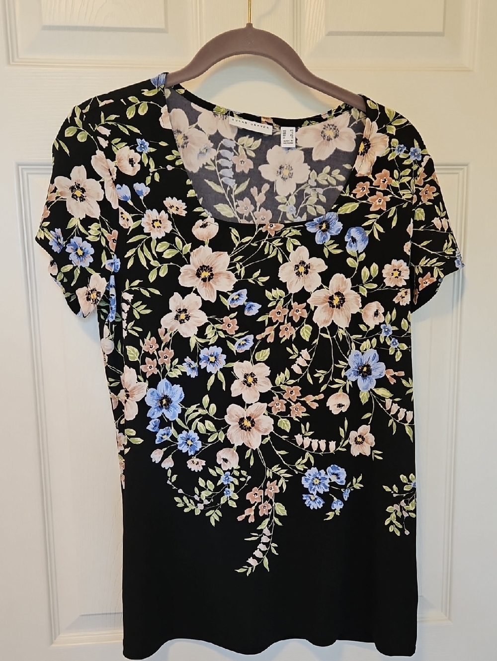 Susan Graver Black Floral Scoop Neck Blouse with Pastel Blooms